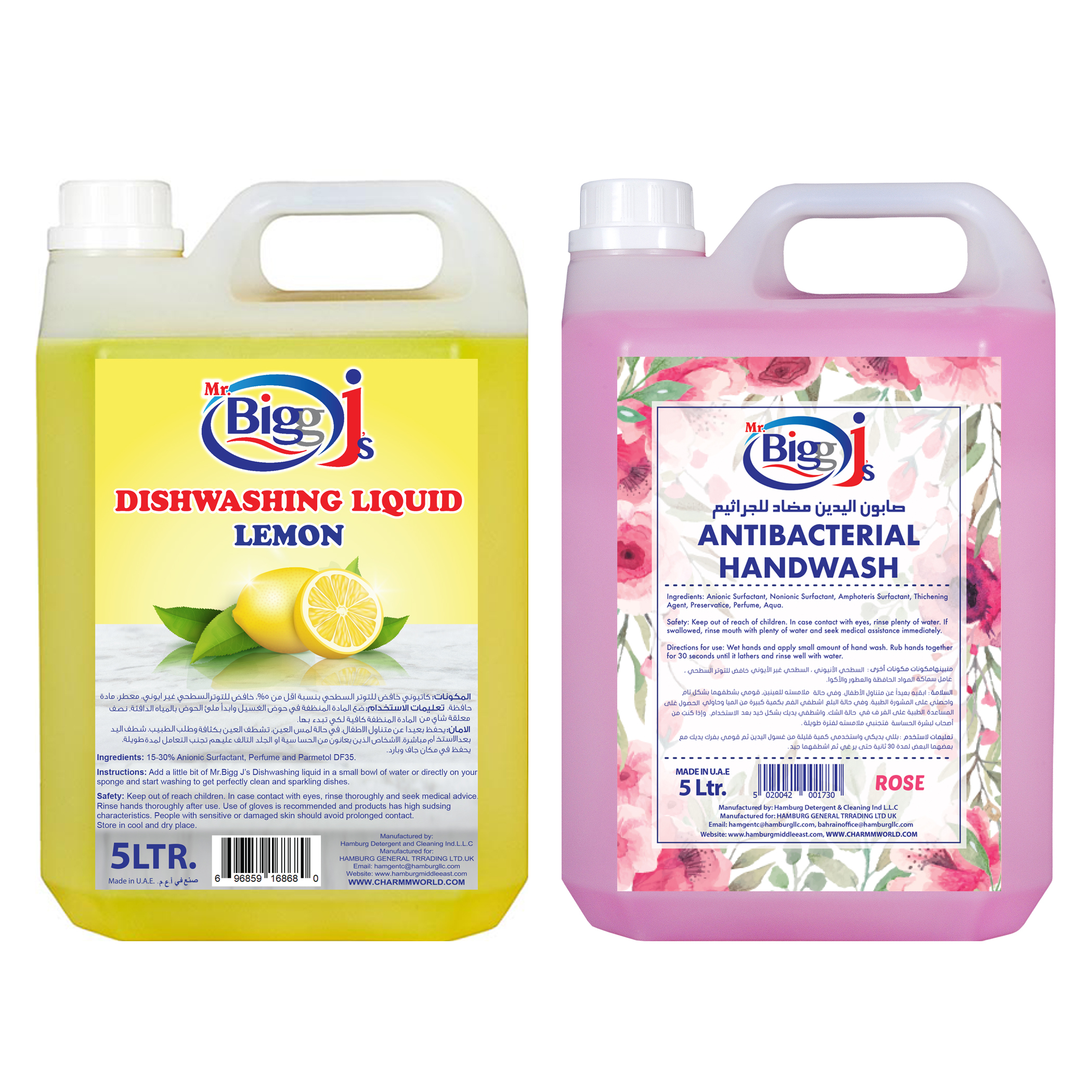 Mr Bigg J's Hand Wash Rose 5L + Dish Washing Liquid Lemon 5L