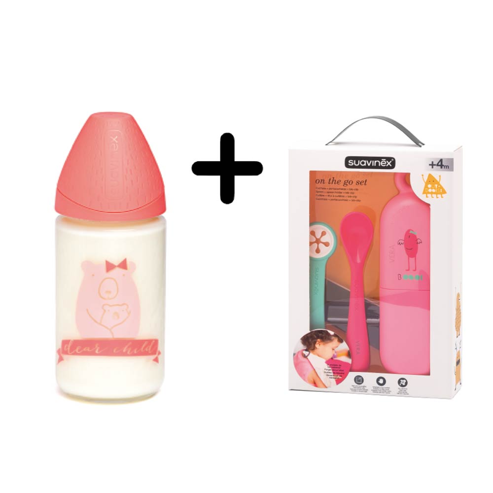 Suavinex Glass Bottle 240ml With On The Go Set - Pink