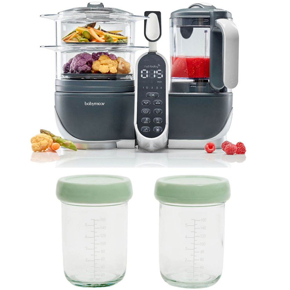 Babymoov - Nutribaby Food Processor & Blender - Grey With Badabulle Glass Containers - Sage Green - Pack of 2