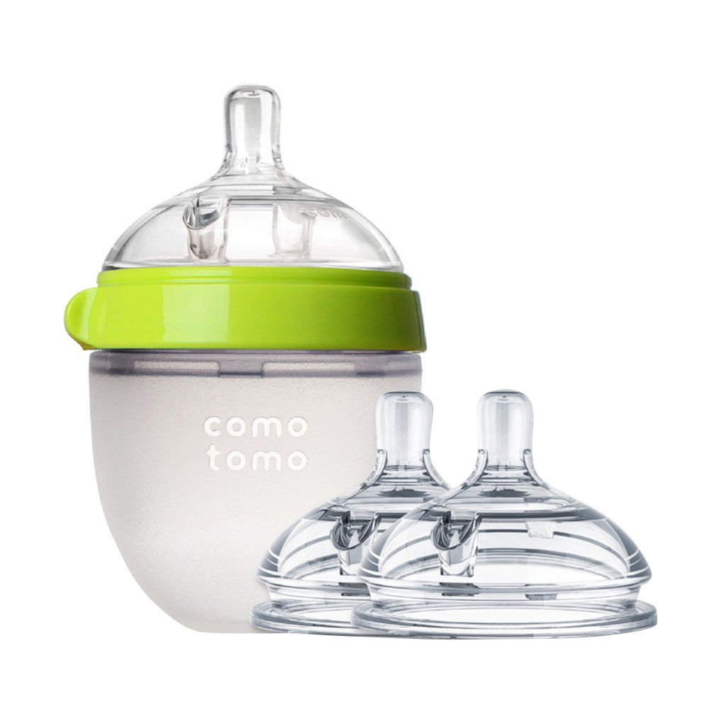 Comotomo - Natural Feel Baby Green Feeding Bottle & Natural Teat Silicone Slow Flow Nipples Combo, 150 ml