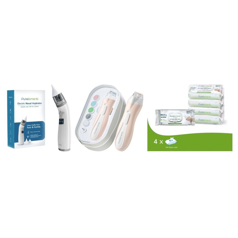 Purelements - USB Rechargeable Electric Baby Nail Trimmer - Pink With Electric Nasal Aspirator and Aloe Vera 99.9% Water Wipes - Pack Of 4 - 256 Pcs