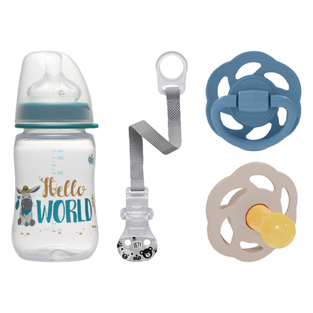 Nip - Cherry Pacifier - 2 Pcs With Ring Soother And Wide Neck Feeding Bottle - 260 ml