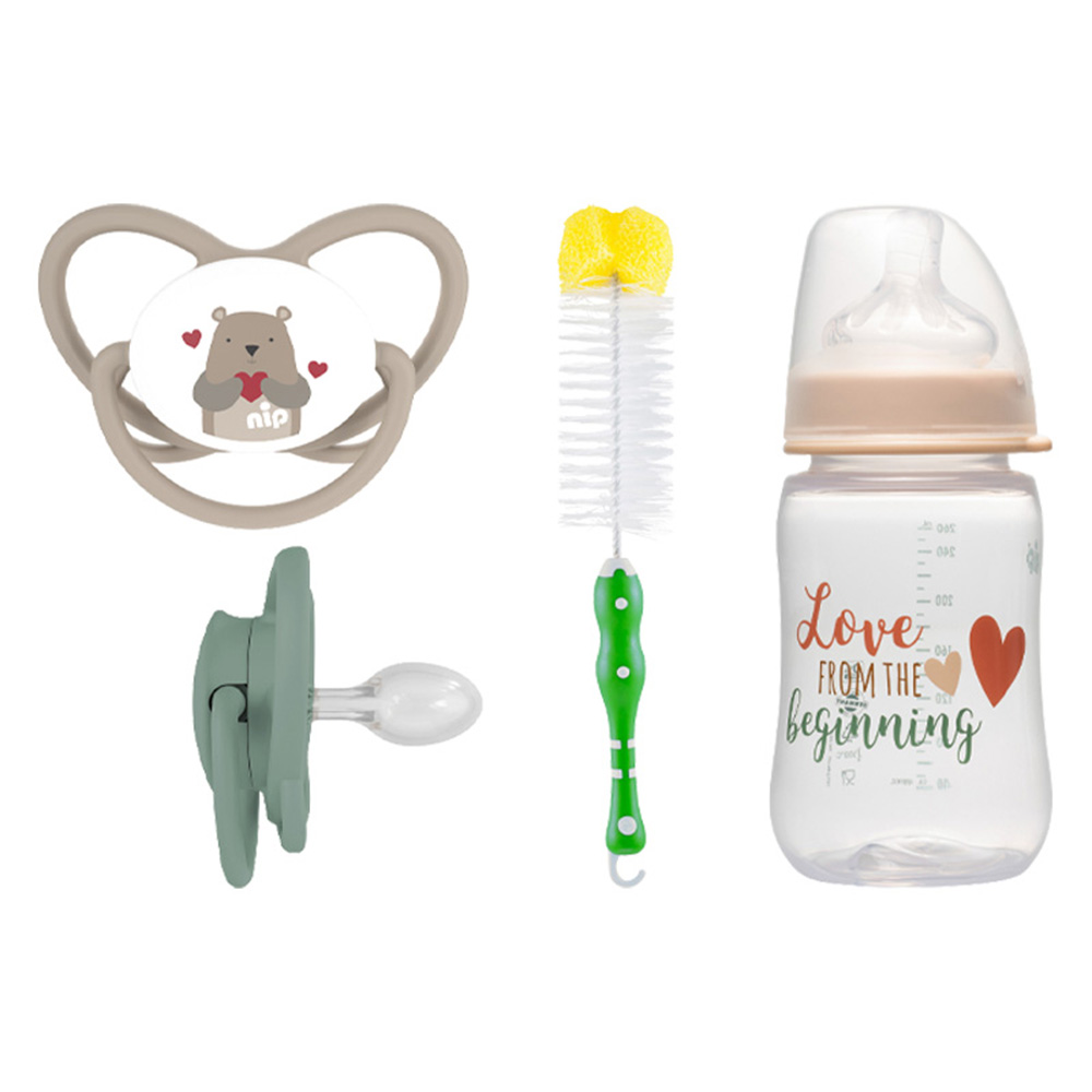 Nip - Butterfly Orthodontic Soother - 2 Pcs With Love Medium Flow Milk Bottle - 260 ml And Bottle Brush