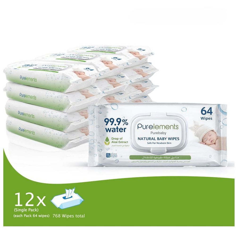 Purelements - Aloe Vera Waterwipes For Soothing Sensitive Skin - Pack Of 12 - 768 Pcs