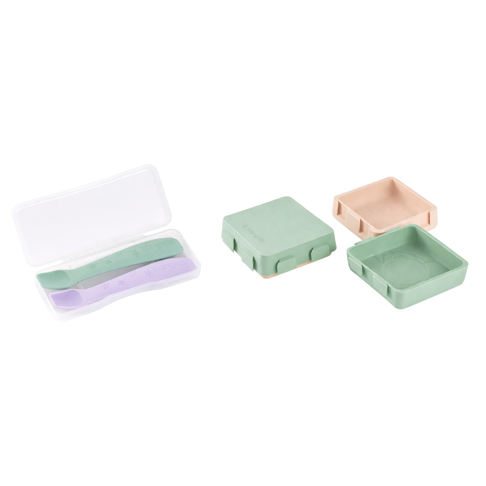 2angels - 2-Pack Silicone Spoons with Travel Case And 2 in 1 Silicone Plate - Summer Leaf/Latte