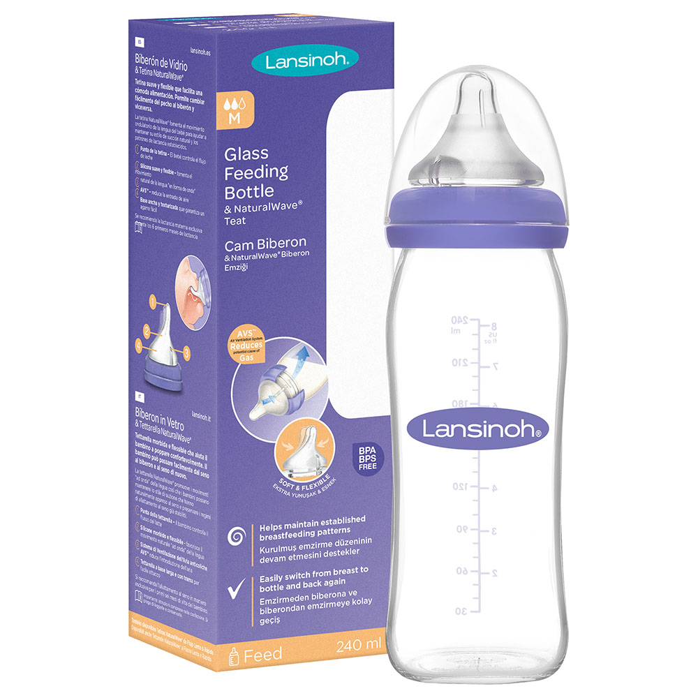 Lansinoh - Glass Feeding Bottle With Natural Wave Teat - 240 ml
