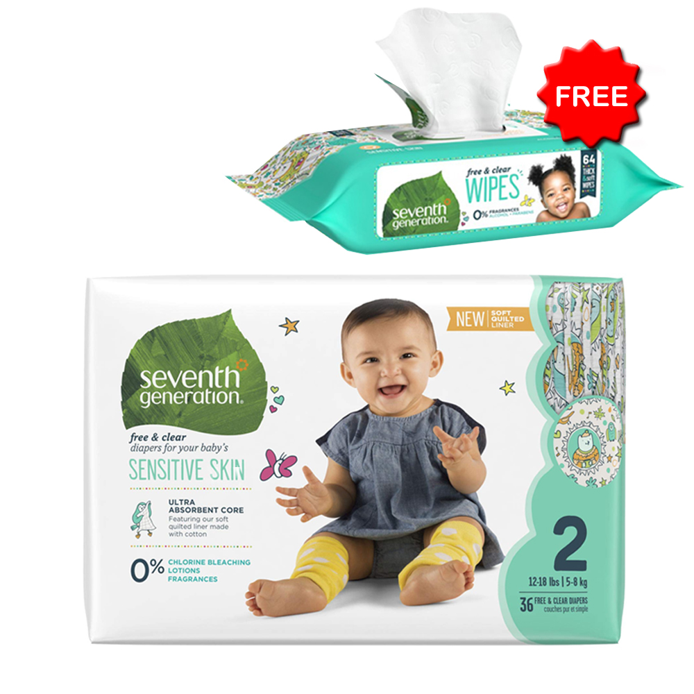 Seventh Generation - Baby Diaper Stage 2-5-8kg with Baby Wipes 64Pcs