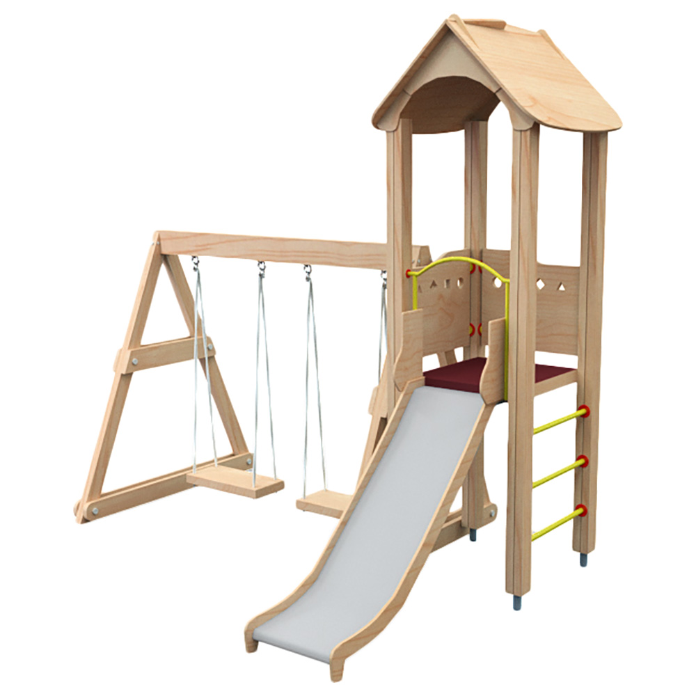 Moon Kids - Wooden Playhouse with Ladder, Slide & Double Swing