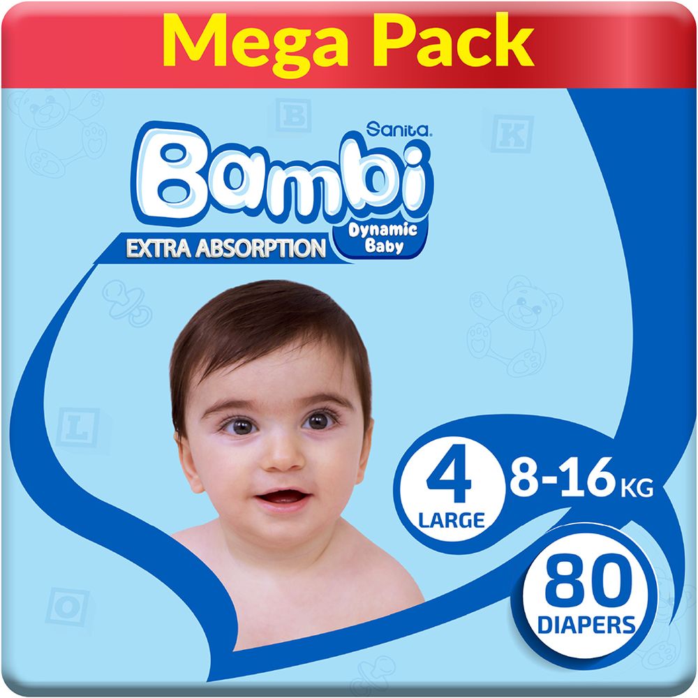 Sanita Bambi Baby Diapers Mega Pack Size 4, Large, 8-16 KG, 80 Count (Pack of 2) Best Value