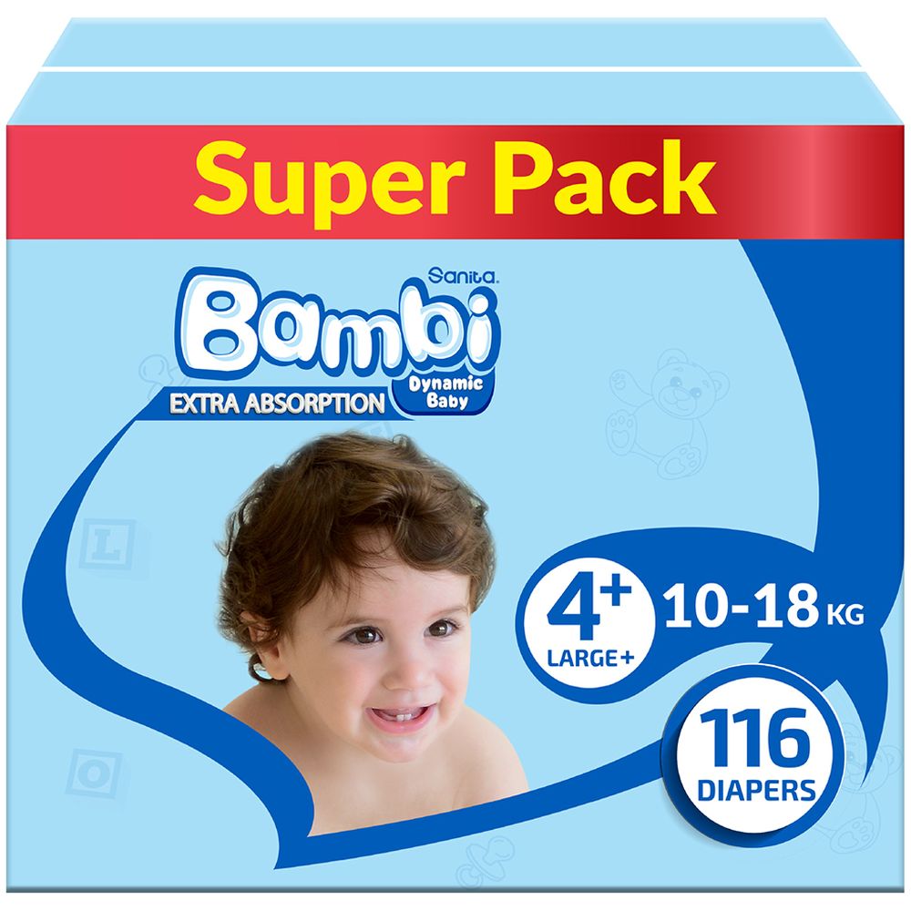 Sanita Bambi Dynamic Baby Diapers Large Plus Size 4 Plus 10-18kg Super Pack 116 Diapers