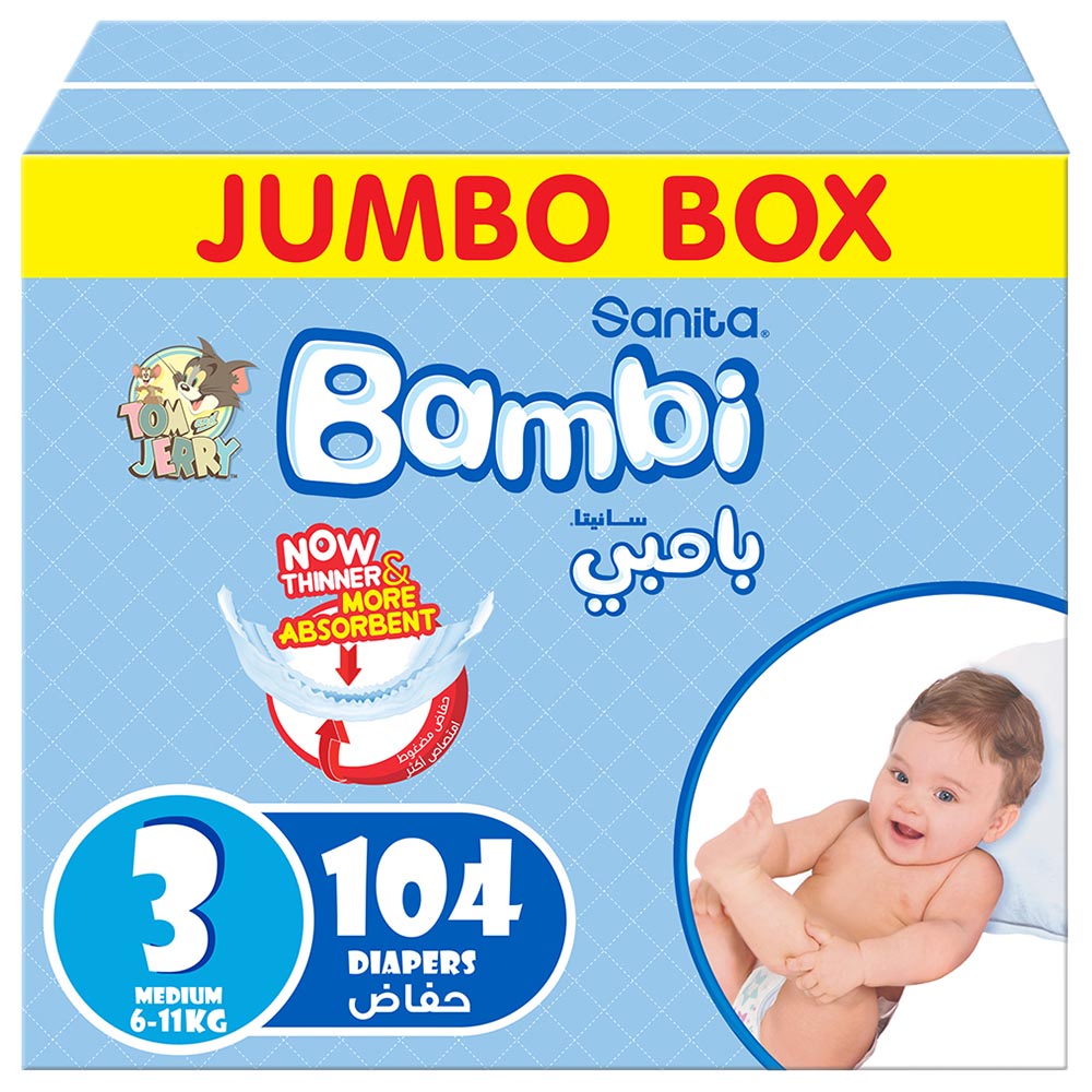 Sanita Bambi - Baby Diapers Jumbo Box Size 3, Medium, 6-11 KG, 104 Count