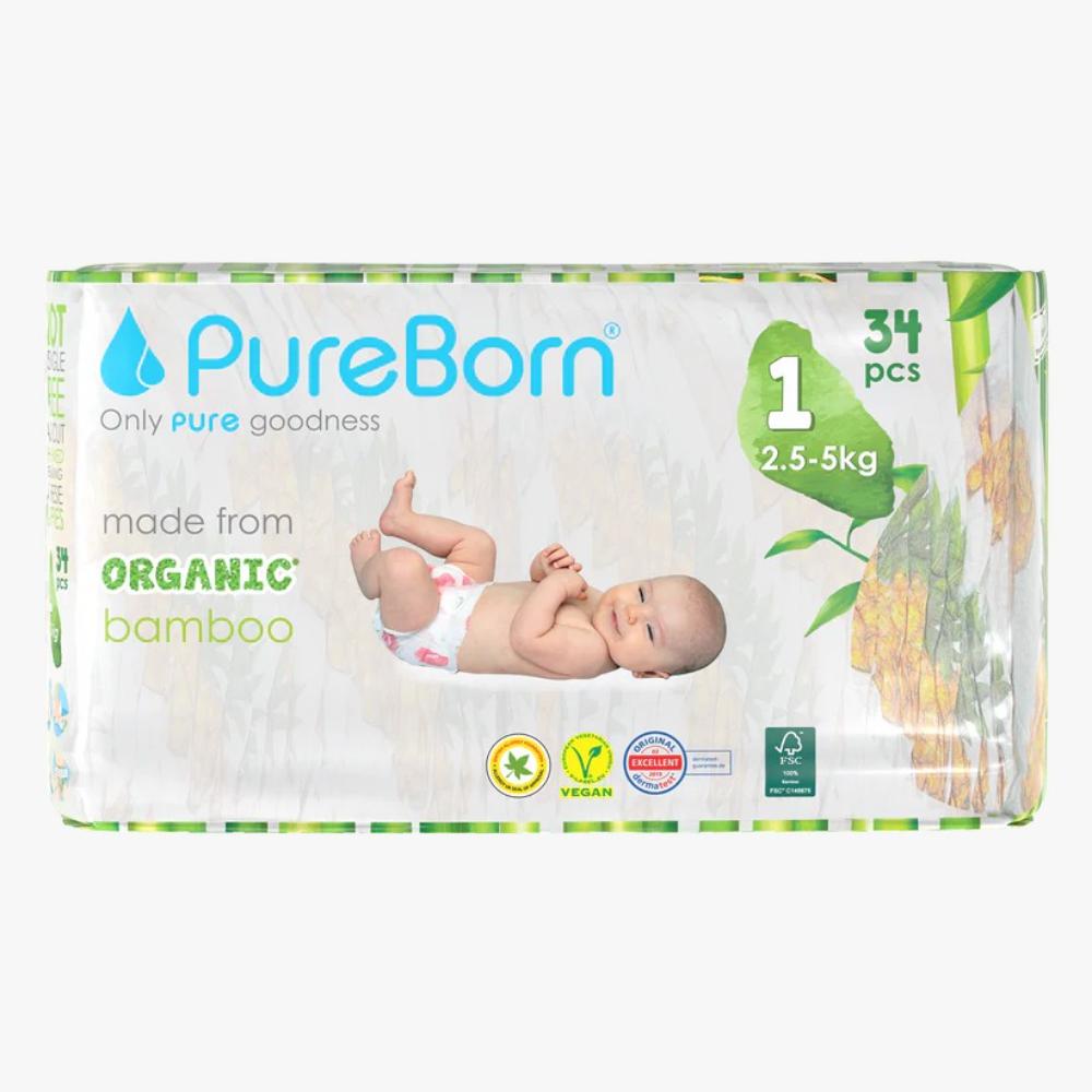 Pureborn - Single Pack Nappies Size 1 - 2.5-5kg - 34pcs - Design May Vary