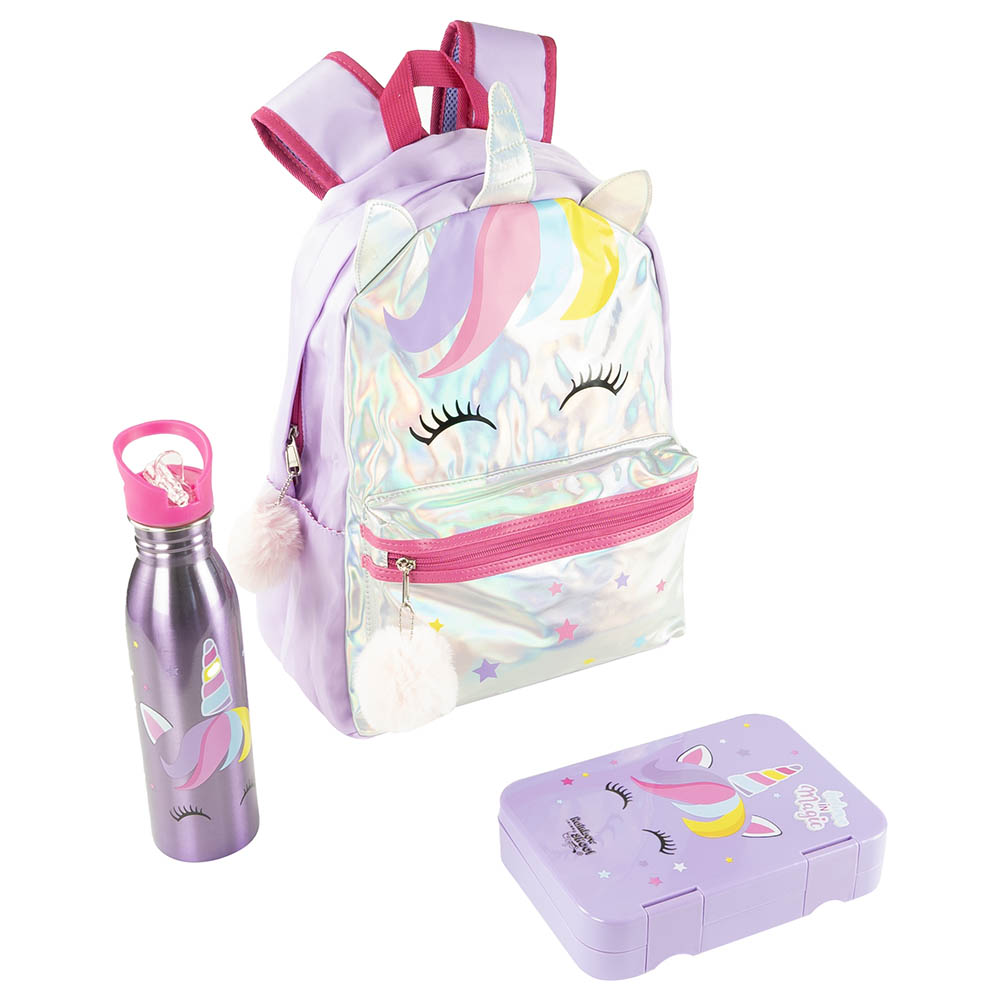 Rainbow Skool Dino Set of 3 Kids Backpack Lunchbox Stainless Steel Water Bottle