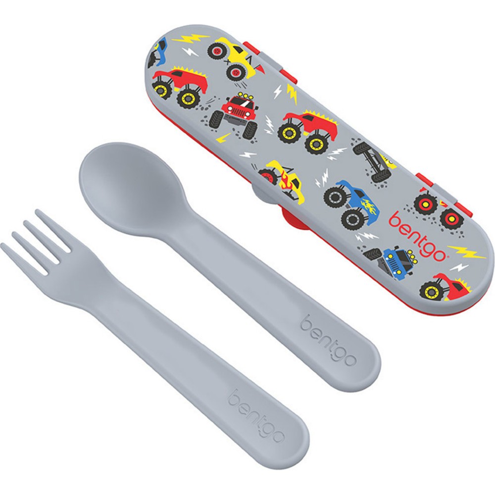 Bentgo - Personalized Kids Fork And Spoon With Storage Case - Trucks - 3 Pc Set