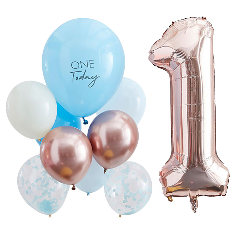 Ginger Ray - Blue And Rose Gold First Birthday Balloons