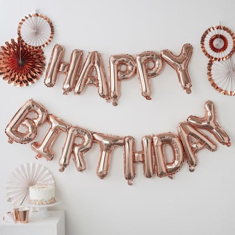 جنجر راي - زينة حفلات - حبل بالونات - Happy Birthday - ذهبي وردي
