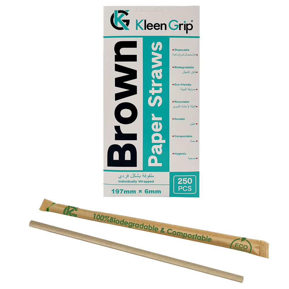 كلين جريب - مصاصات ورقية مستقيمة 19.7 سم - 250 قطعة - بني