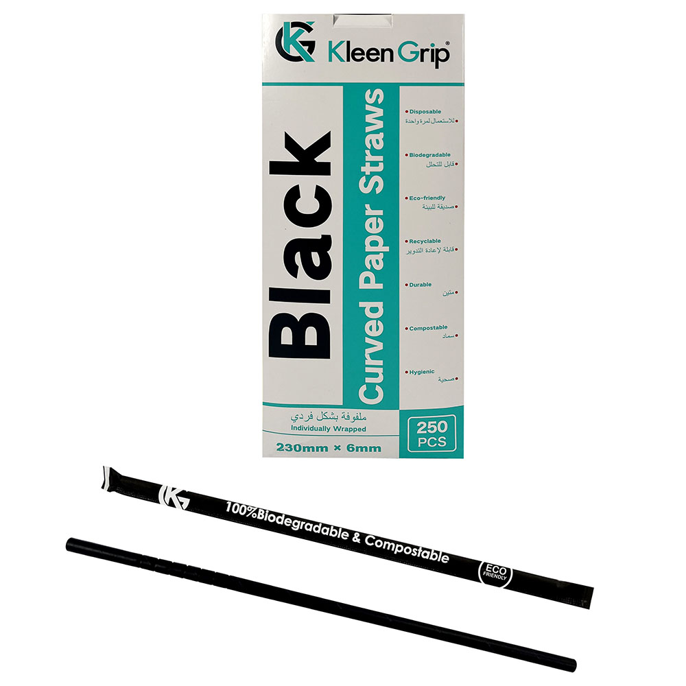 كلين جريب - مصاصات ورقية مستقيمة 23 سم - 250 قطعة - أسود