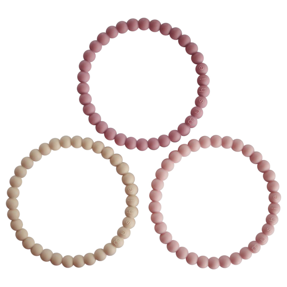 Mushie - Silicone Pearl Teether Bracelets - Linen,Peony,Pale Pink