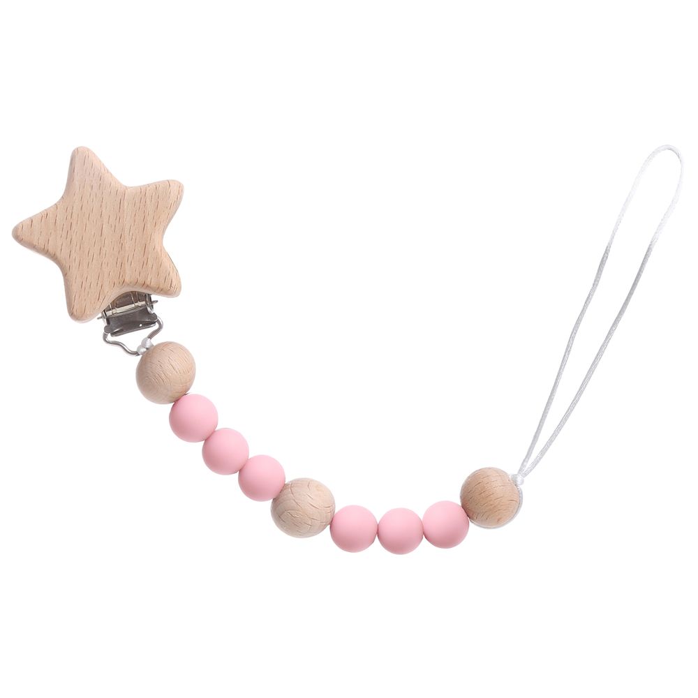 Factory Price - Star Silicone & Wooden Pacifier Clip - Pink