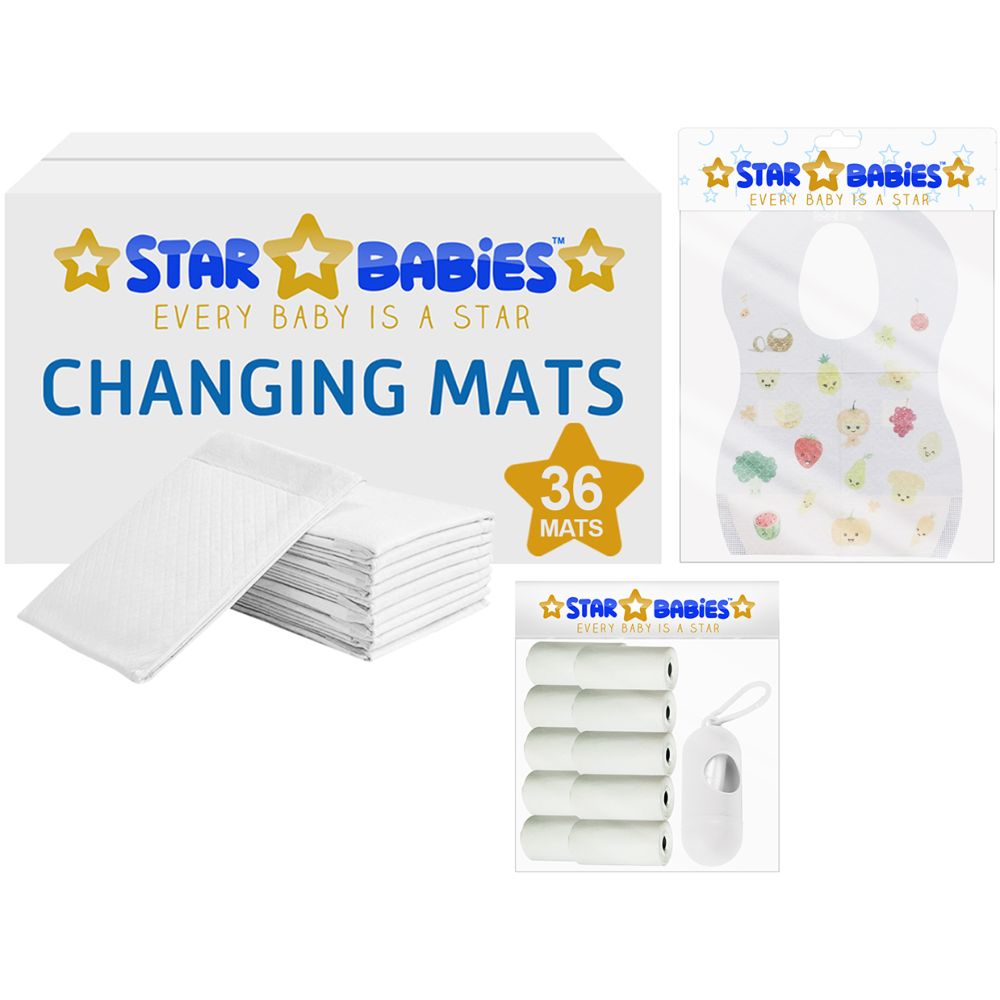 Star Babies - Changing Mats 36pcs, Bibs 30pcs and Scented Bag 10pcs with Refill - White