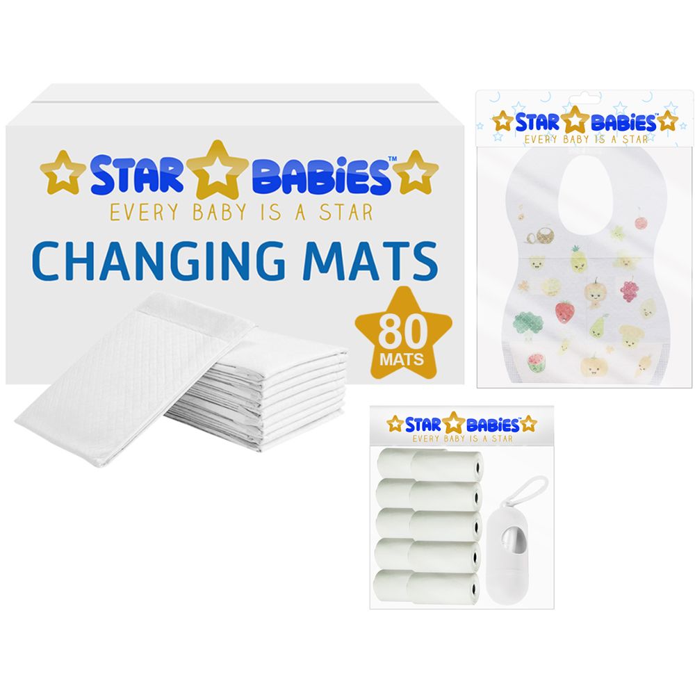 Star Babies - Changing Mats 80pcs, Bibs 70pcs and Scented Bag 10pcs with Refill - White