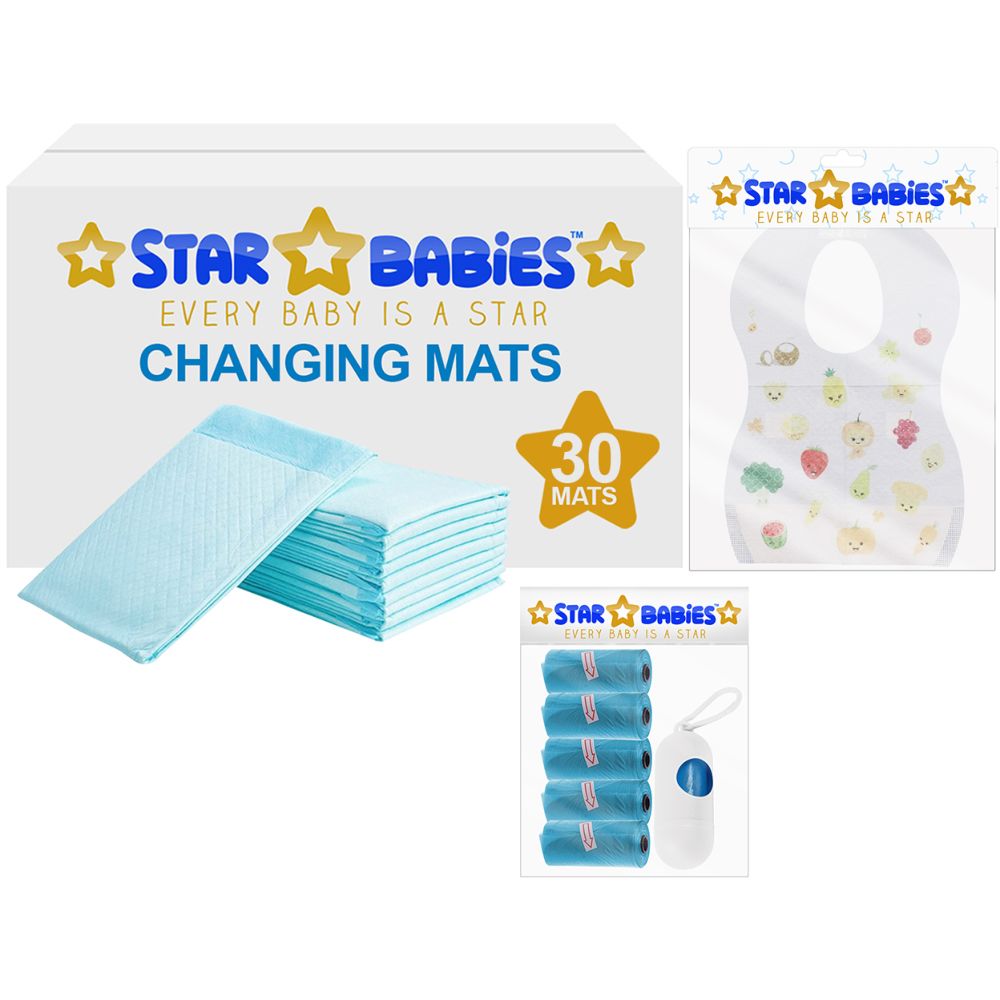Star Babies - Changing Mats 30pcs, Bibs 30pcs and Scented Bag 5pcs with Refill - Blue