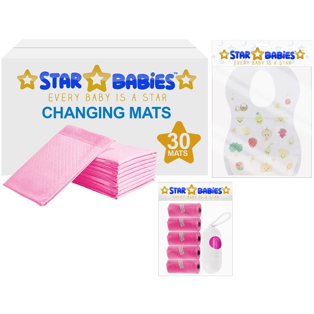 Star Babies - Changing Mats 30pcs, Bibs 30pcs and Scented Bag 5pcs with Refill - Pink