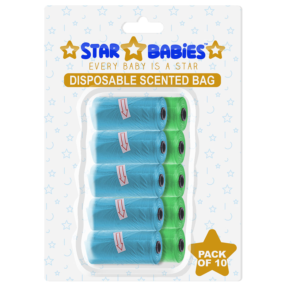 Star Babies - Scented Nappy Bag Blister - Pack of 10/150 Bags - Blue & Green