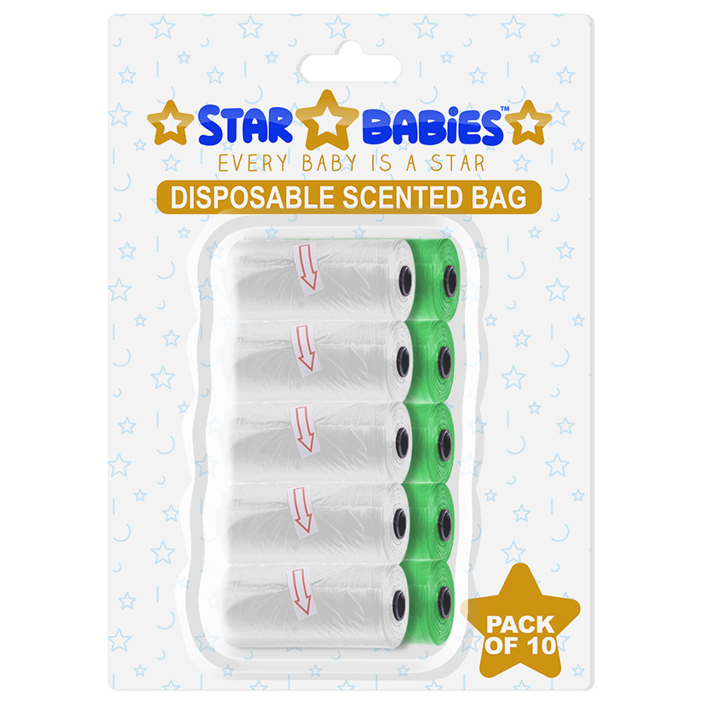 Star Babies - Scented Nappy Bag Blister - Pack of 10/150 Bags - Green & White