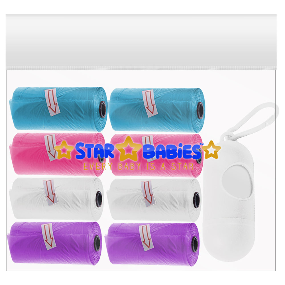 Star Babies Scented Nappy Bag 8 Packs/120 Bags & Dispenser -Blue/Pink/White/Lavender