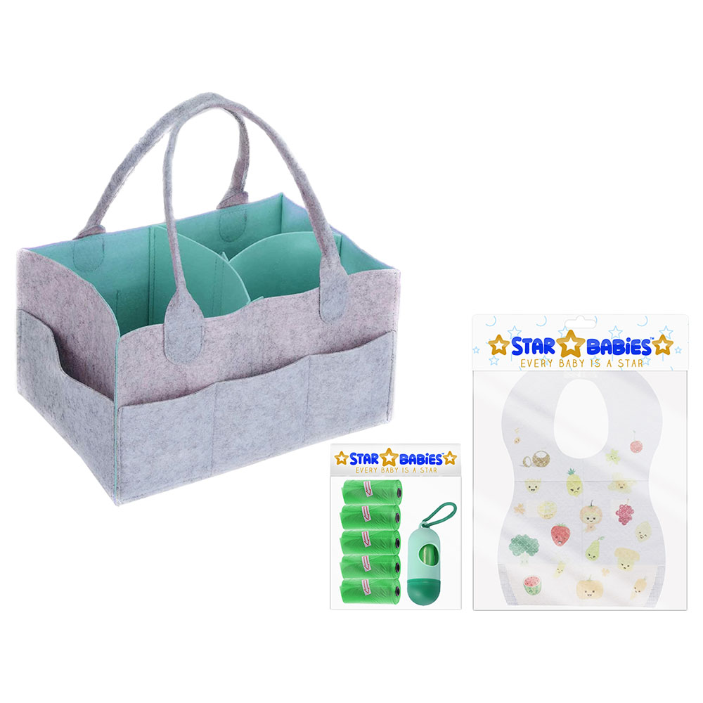 Star Babies - Diaper Caddy Organizer with Scented Bag Dispenser & Disposable Bibs - Grey