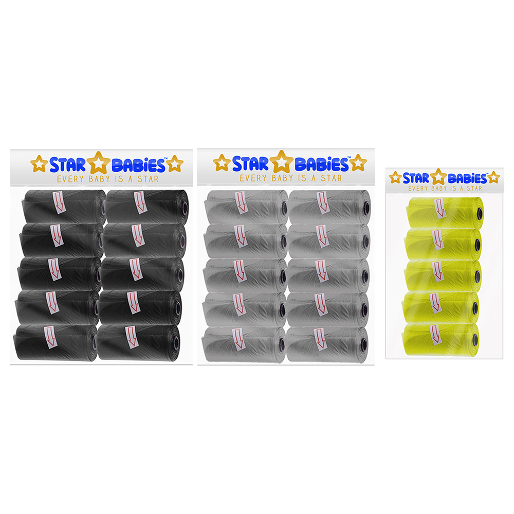 Star Babies - Scented Nappy Bag - Pack of 25/375 Bags - Grey/Black/Yellow