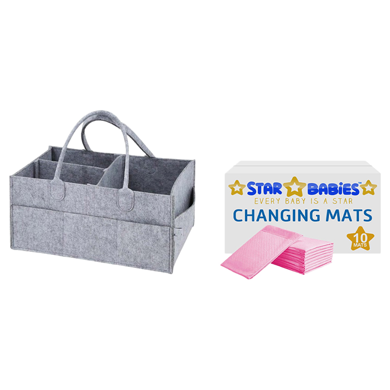 Star Babies - Caddy Diaper Bag with Disposable Changing Mat - 10pcs - Grey/Pink