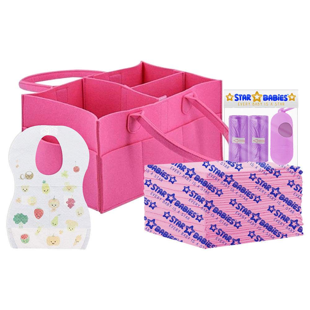 Star Babies - Diaper Bag, Changing Mat, Bibs, Scented Bag with Dispenser - Pink