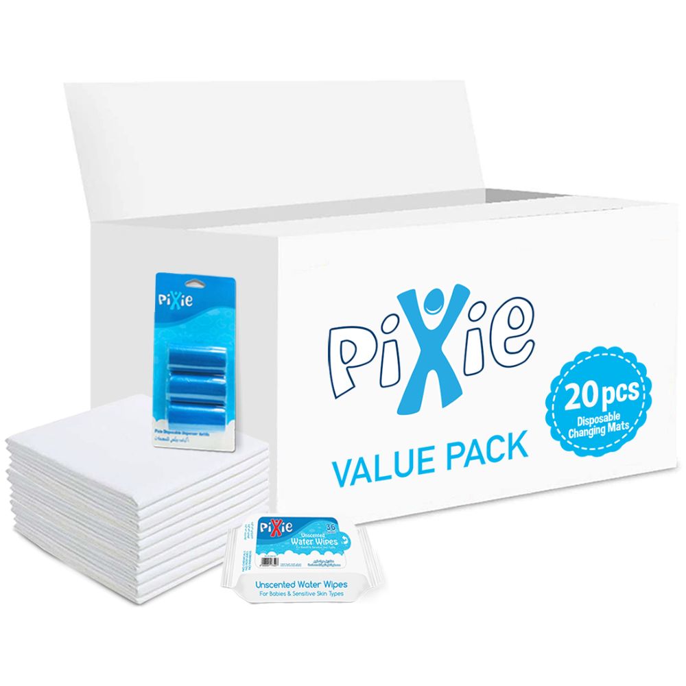 Pixie - Changing Mats 20 + Wipes Pack of 1 (36pcs) + Nappy Bag 60 Bags