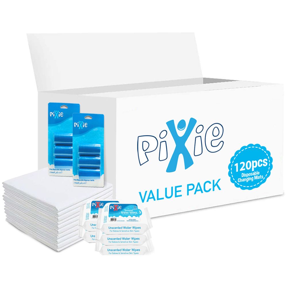 Pixie - Changing Mats 120 + Wipes 36pcs x 5 + Nappy Bag 120 Bags