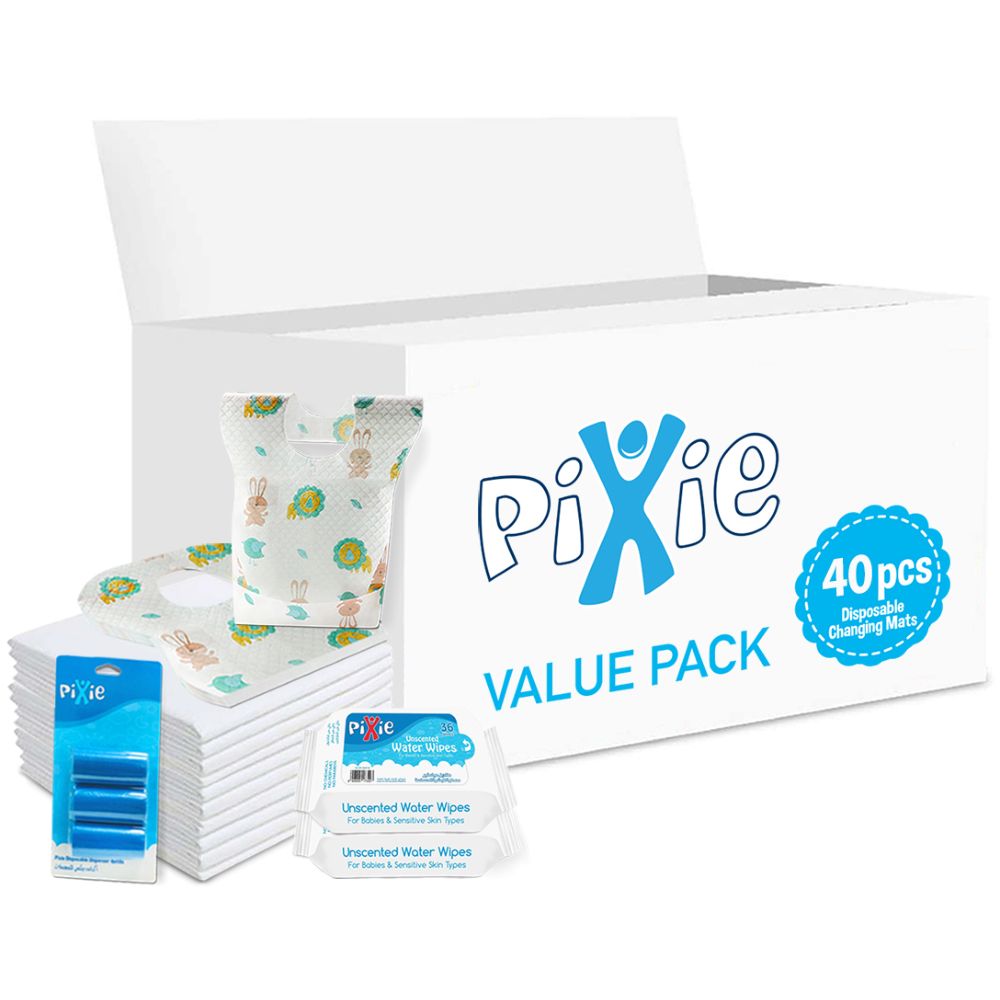 Pixie - Changing Mats 40 + Bibs 40 + Wipes 36pcs x 2 + Nappy Bag 60 Bags
