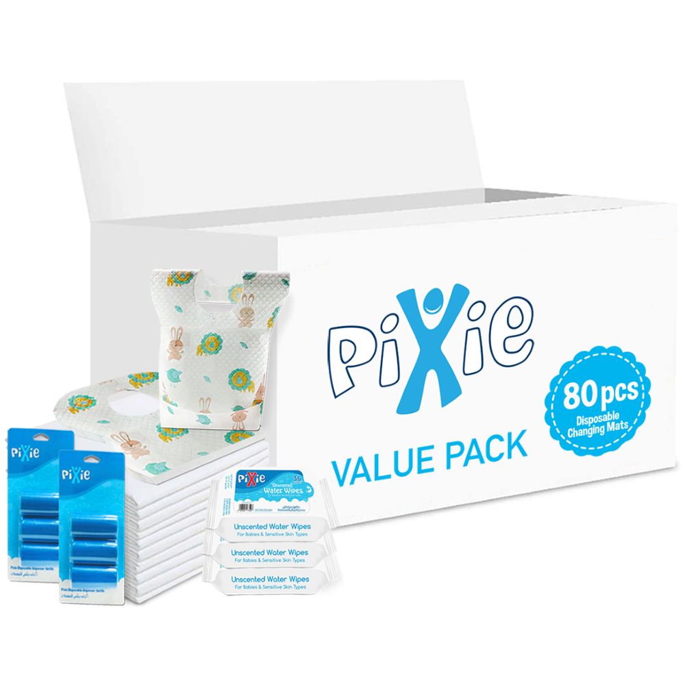 Pixie - Changing Mats 80 + Bibs 80 + Wipes 36pcs x 3 + Nappy Bag 120 Bags