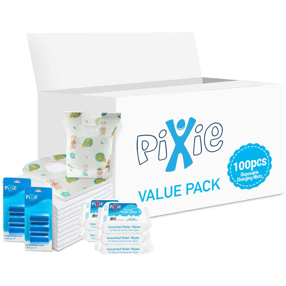 Pixie - Changing Mats 100 + Bibs 100 + Wipes 36pcs x 5 + Nappy Bag 120 Bags