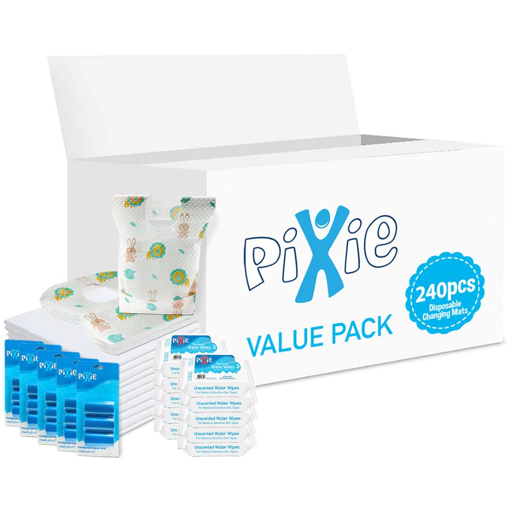 Pixie - Changing Mats 240 + Bibs 240 + Wipes 36pcs x 10 + Nappy Bag 300 Bags
