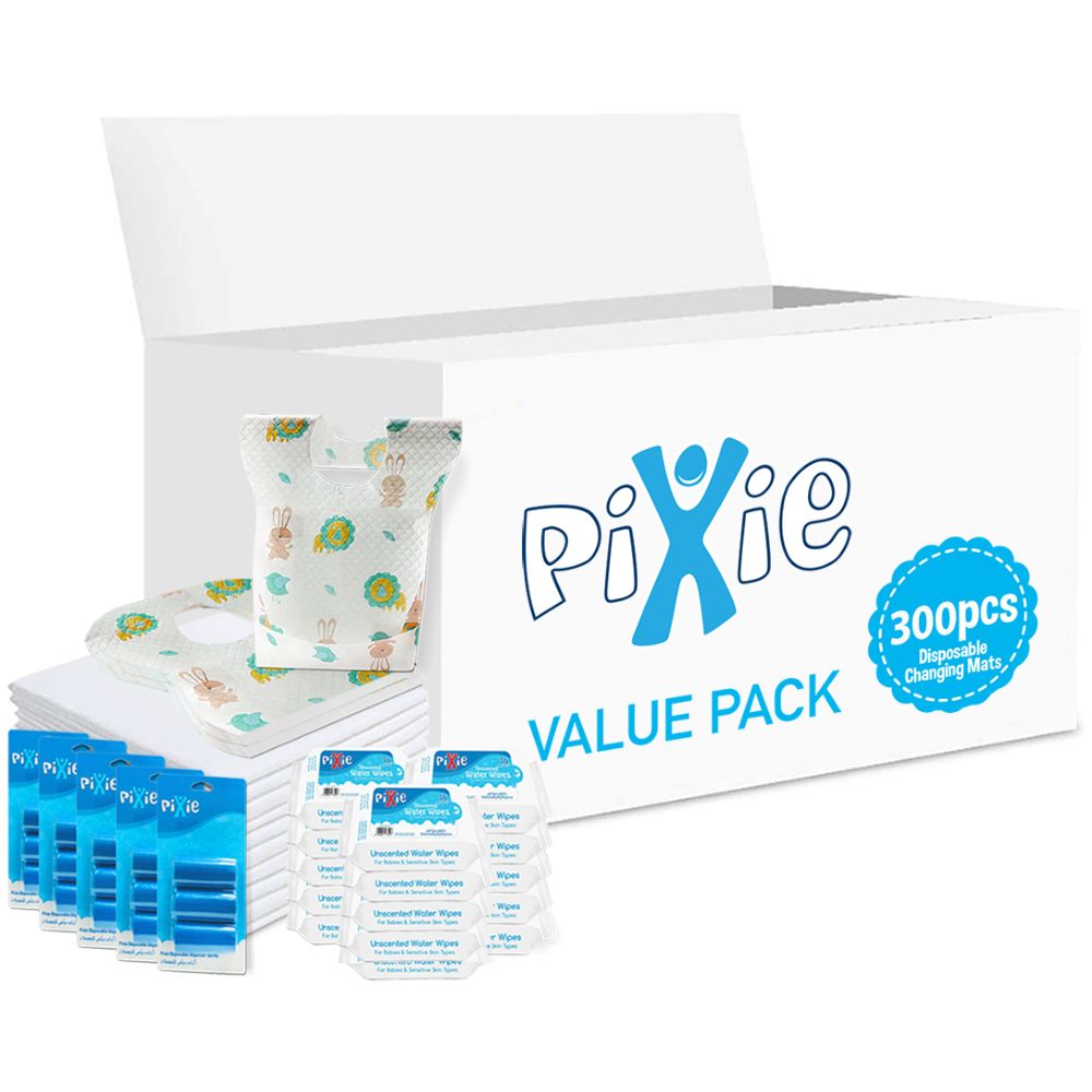 Pixie - Changing Mats 300 + Bibs 300 + Wipes 36pcs x 15 + Nappy Bag 300 Bags