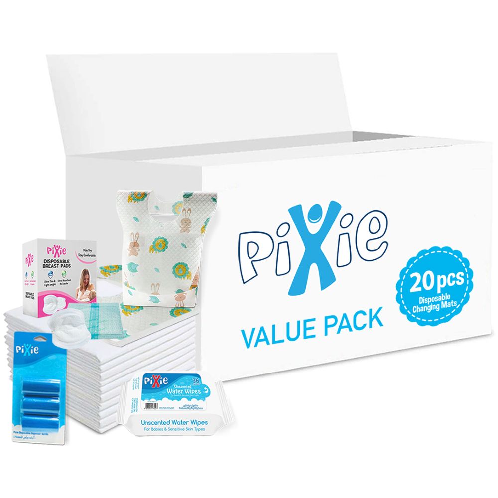 Pixie - Changing Mats 20 + Bibs 20 + Breast Pad 30 + Wipes 36pcs + Nappy Bag 60 Bags