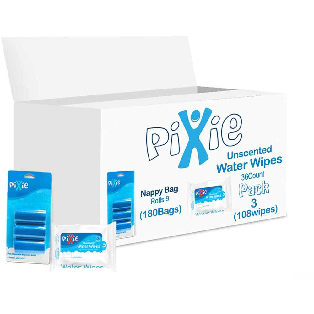 Pixie - Wipes Pack of 3 (108 Wipes) + Nappy Bags 180 Bags