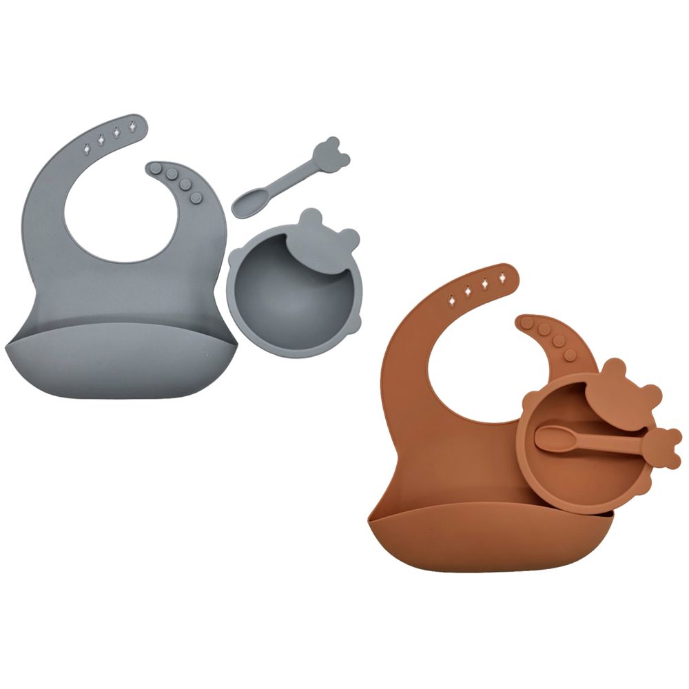 Pixie Baby Silicone Feeding Set Pack of 2 - Gray, Brown