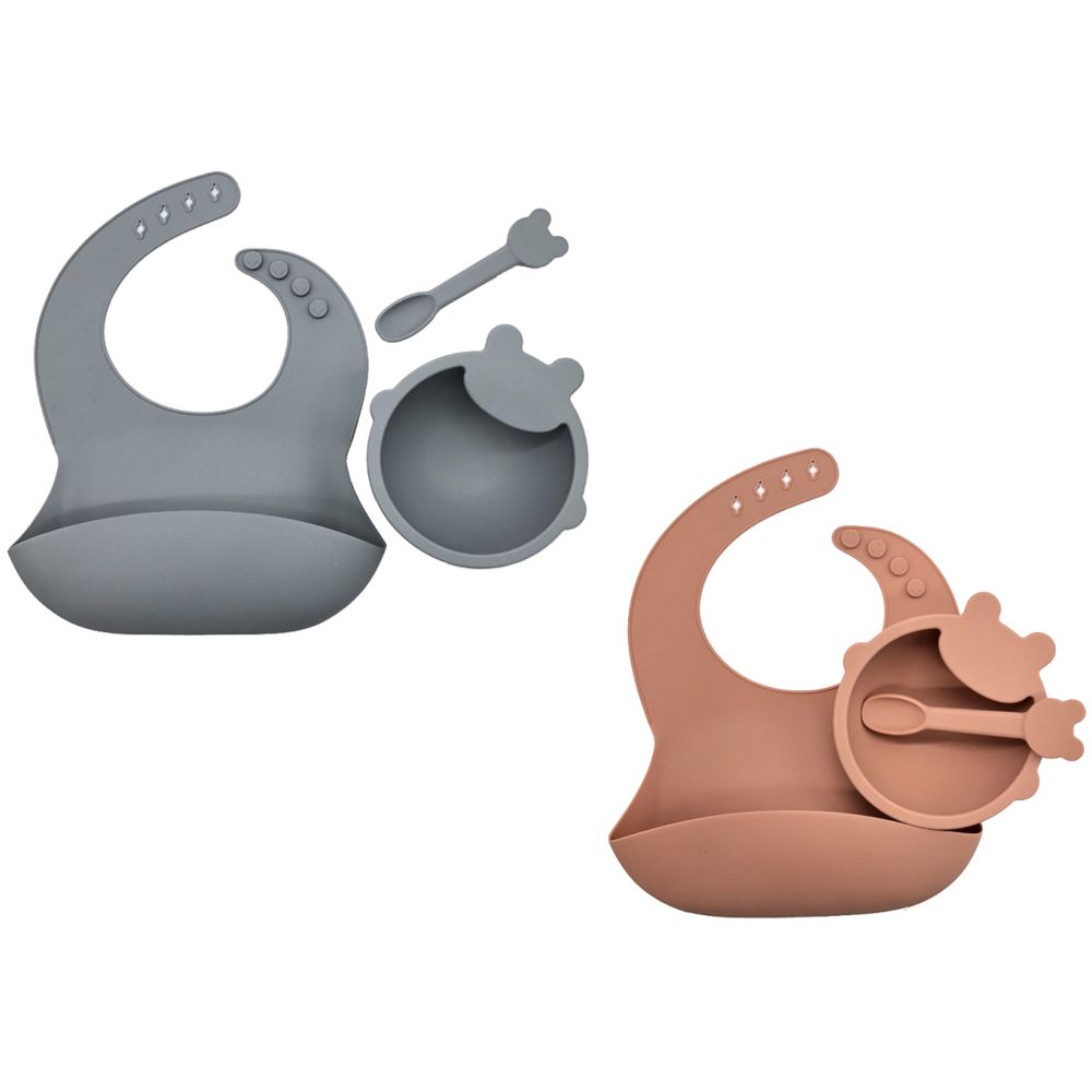 Pixie Baby Silicone Feeding Set Pack of 2 - Gray, Peach