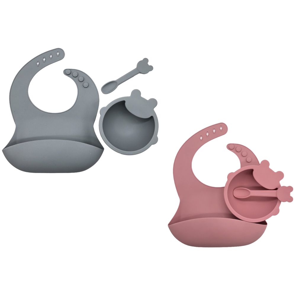 Pixie Baby Silicone Feeding Set Pack of 2 - Gray, Pink