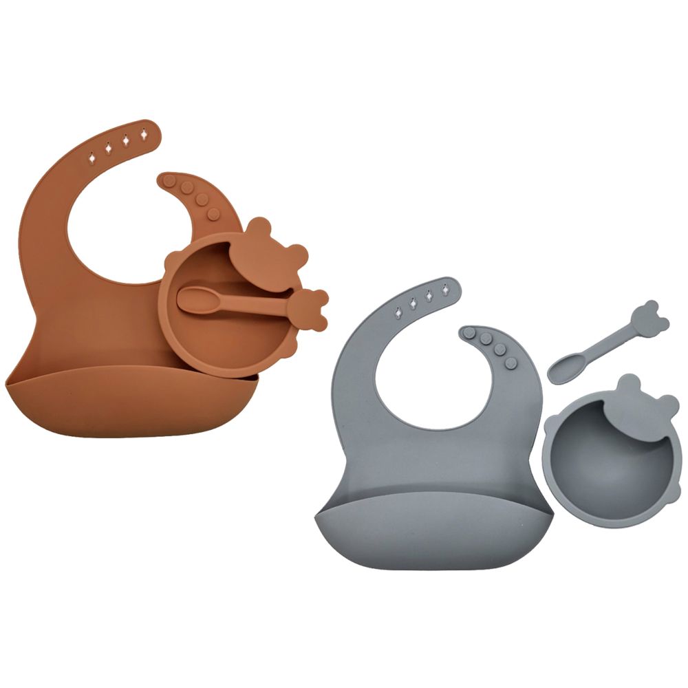 Pixie Baby Silicone Feeding Set Pack of 2 - Brown, Gray
