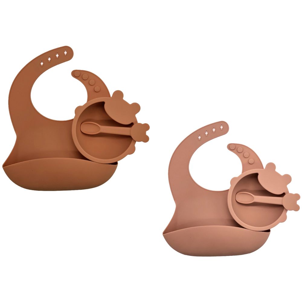 Pixie Baby Silicone Feeding Set Pack of 2 - Brown, Peach
