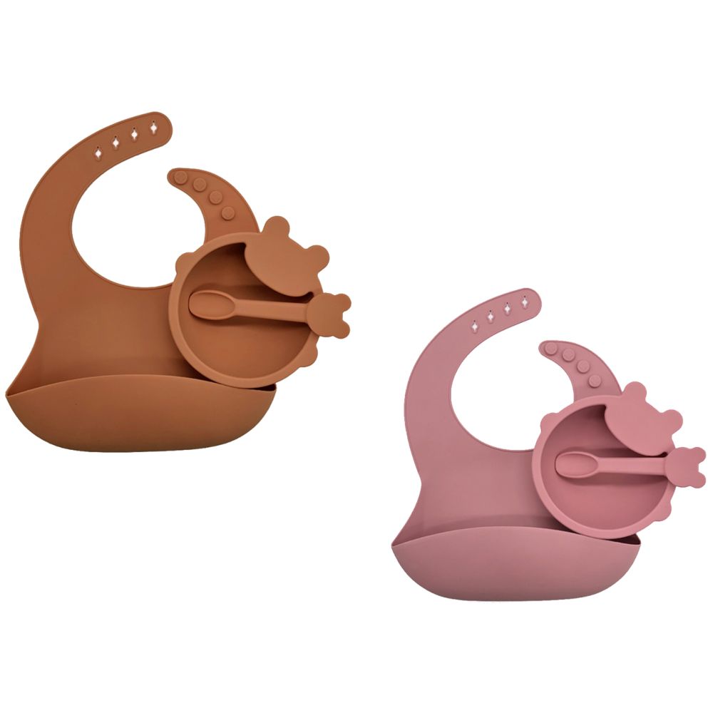 Pixie Baby Silicone Feeding Set Pack of 2 - Brown, Pink